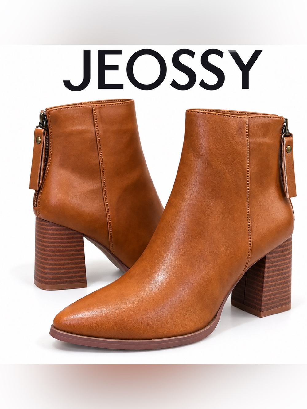 JEOSSY Women’s Size 8 Cognac Brown Pointed Toe Block Heel Ankle Boots NWT